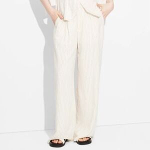 Women's Mid-Rise White and Black Pinstripe Wide Leg Linen Trousers XL New